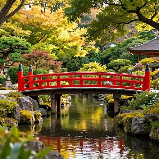 Photograph of a vibrant red arched bridge over a reflective pond, surrounded by colorful autumn trees and lush greenery, with a traditional Japanese-style pav
