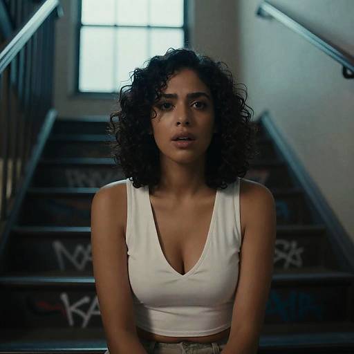 Surprised Woman on Graffiti Staircase