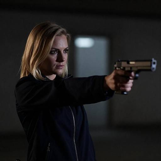 Tense Blonde Woman Aiming a Gun
