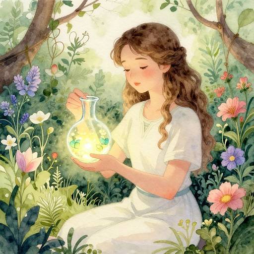 Digital painting of a fair-skinned, brown-haired woman in a white dress, holding a glowing glass flask among vibrant flowers and lush greenery.