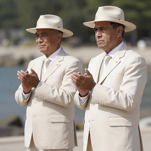 Two Men in Cream Suits Clapping Outdoors