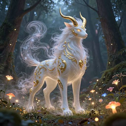 Digital artwork of a mystical white unicorn with golden horns and intricate gold patterns, standing in a magical forest illuminated by glowing mushrooms and fireflies.