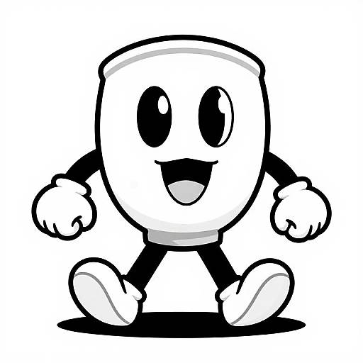 Black-and-white cartoon of a cheerful, round-headed character with large eyes, open mouth, and simple black arms and legs, sitting and smiling.