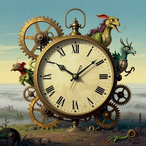 Fantastical clock with gears, dragon, bird, and lizard, set against a misty landscape; vibrant colors, whimsical illustration style.