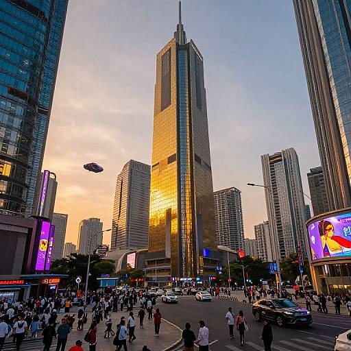 Photograph of a bustling urban intersection at sunset, featuring a tall, golden-hued skyscraper surrounded by modern buildings, crowds, and neon signs.