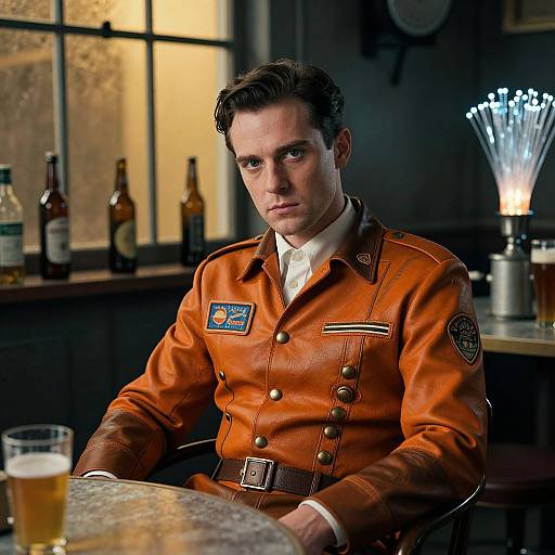 Photograph of a serious-looking man in an orange leather military-style uniform, seated at a bar with bottles and a beer glass. Dimly lit,