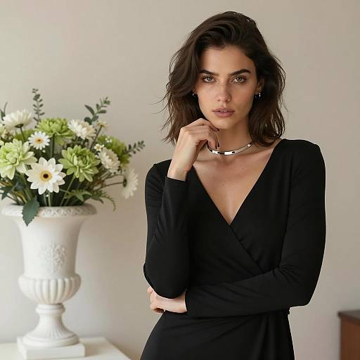 Woman in Black Dress with Silver Necklace