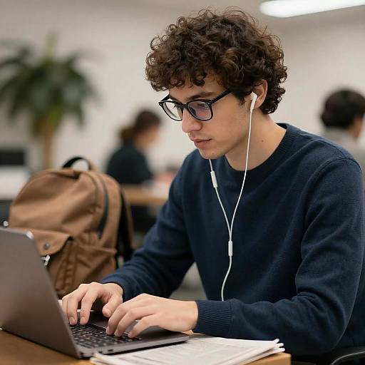 Focused Man Typing in Cozy Café