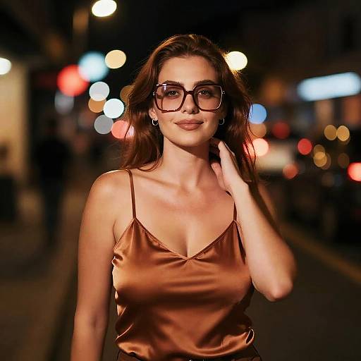 Photograph of a brunette woman with long hair, wearing large black glasses and a silky, brown satin camisole, smiling confidently on a nighttime city