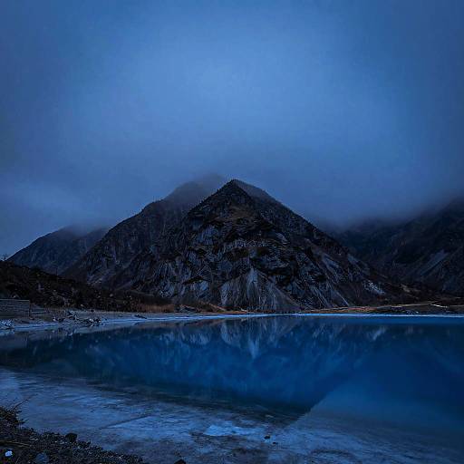 Twilight Mist Mountain Over Glowing Lake
