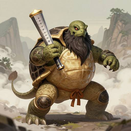 Digital illustration of a green, bearded, muscular turtle warrior with a golden shell, holding a scroll, standing amidst misty cliffs.