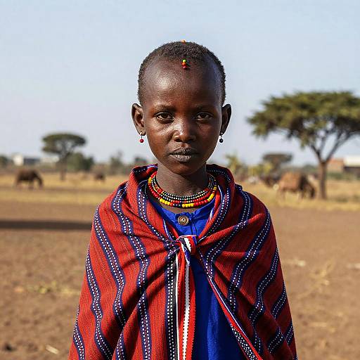 Photograph of a young African girl with dark skin, short hair, wearing a red and blue patterned shawl with colorful bead necklace, standing in