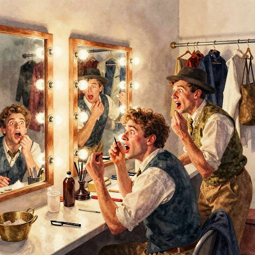 Two men with curly hair, wearing vests and hats, excitedly brush their teeth in a brightly lit bathroom mirror.