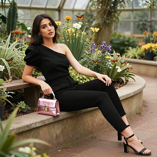 Photograph of a dark-haired woman in a black one-shoulder top and pants, sitting on a garden bench with colorful flowers and butterflies, holding
