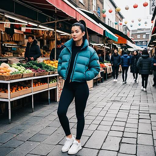 Woman in Blue Cropped Puffer Jacket at Outdoor Market