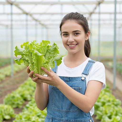 Young woman with dark hair, wearing blue denim overalls and white shirt, smiling while holding fresh green lettuce in a greenhouse.