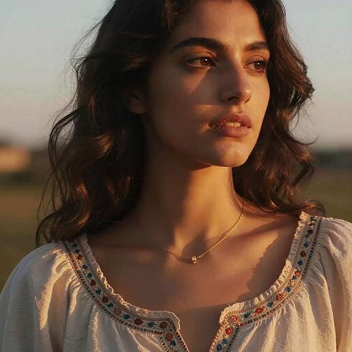 Photograph of a young woman with wavy dark hair, wearing a white blouse with embroidered neckline, golden necklace, and soft sunset light.