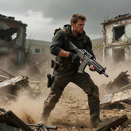Photograph of a rugged, bearded man in tactical gear with a rifle, crouching amid rubble of a damaged, dilapidated building,