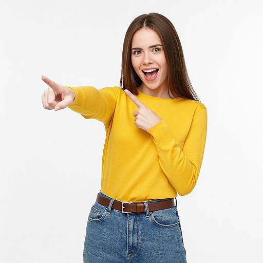 Photograph of a smiling young woman with long brown hair, wearing a yellow long-sleeve shirt and blue jeans, pointing and gesturing excitedly