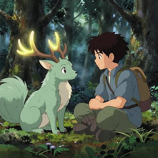 Anime-style digital illustration of a black-haired boy with a brown backpack, sitting in a forest, facing a green, glowing deer with antlers.