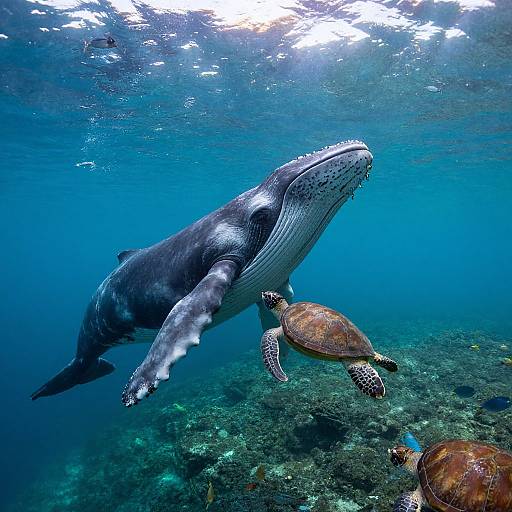 Photograph of a large humpback whale swimming underwater with two sea turtles below, surrounded by clear blue ocean and coral reef.