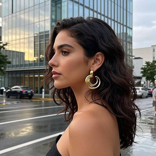 Photograph of a young woman with wavy dark hair, large gold hoop earrings, and a black strapless top, standing on a rainy urban street