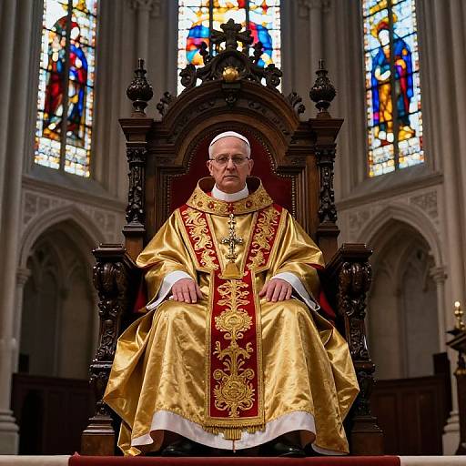 Photograph of a elderly Catholic cardinal in gold and red ornate vestments, seated on a dark wooden throne in a cathedral with colorful stained glass windows