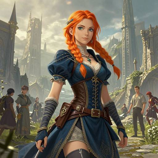 Digital art of a red-haired woman in a blue medieval dress, standing confidently in a sunlit, castle-filled fantasy village.