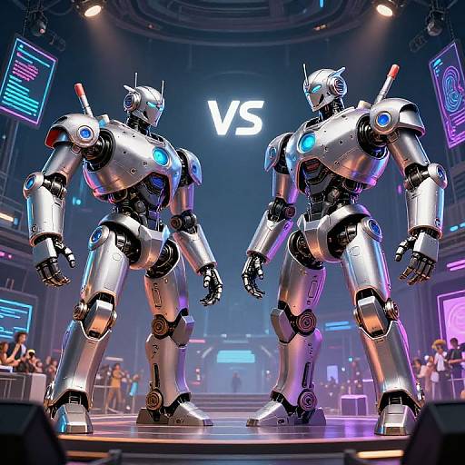 Digital CGI image of two futuristic, silver robotic warriors with blue glowing eyes and joints, facing each other in a neon-lit arena with 