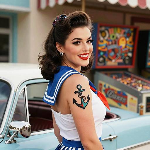 Vintage-style photograph of a smiling woman with dark hair, red lipstick, sailor outfit, anchor tattoo, standing beside a white vintage car, arcade background.