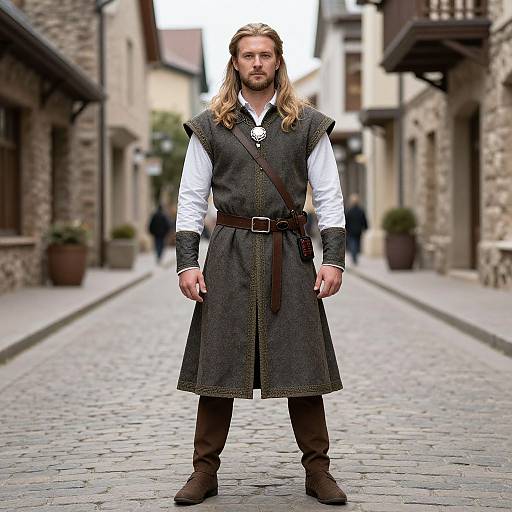 Photograph of a tall, blonde-haired man with a beard, wearing a medieval-style black vest, white shirt, brown belt, and boots, standing