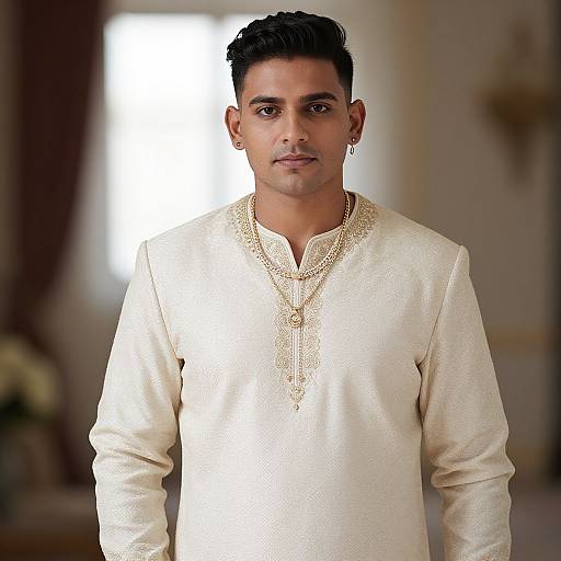 Photograph of a young South Asian man with short black hair, wearing a cream-colored, embroidered traditional long kurta, standing in a softly lit,