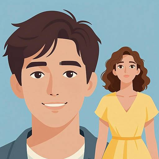 Illustration of Man and Woman Against Blue Background