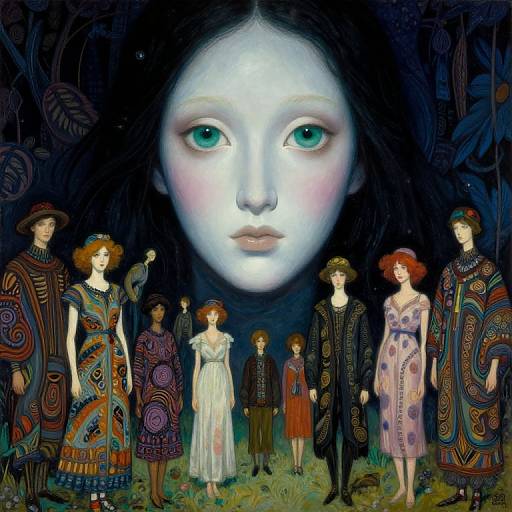 Digital painting of a group of diverse people in colorful, patterned clothing, standing before a large, ethereal, glowing female face with green eyes.