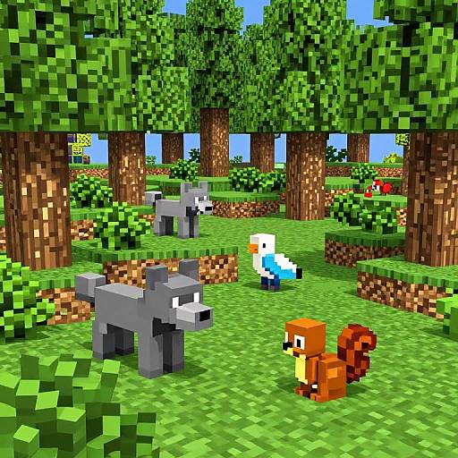 Pixel art forest scene with a gray wolf, white and blue creature, and brown squirrel standing on green grass under tall trees.