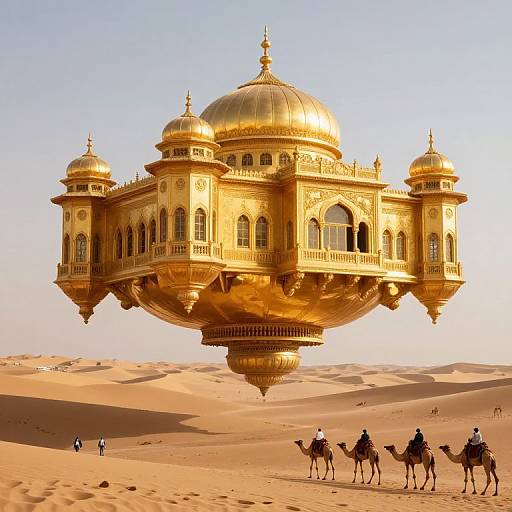 Photograph of a golden, dome-topped palace floating over a desert, with four camels and three people walking below.