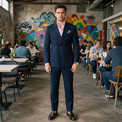 Photograph of a handsome man in a navy suit, pink shirt, and brown shoes, standing in a colorful, graffiti-decorated café with seated