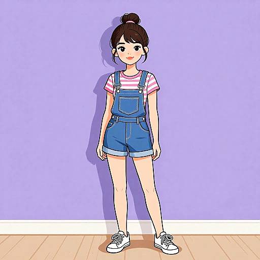 Digital anime-style drawing of a young girl with black hair in a bun, wearing blue overalls, pink-and-white striped shirt, and white sneakers,