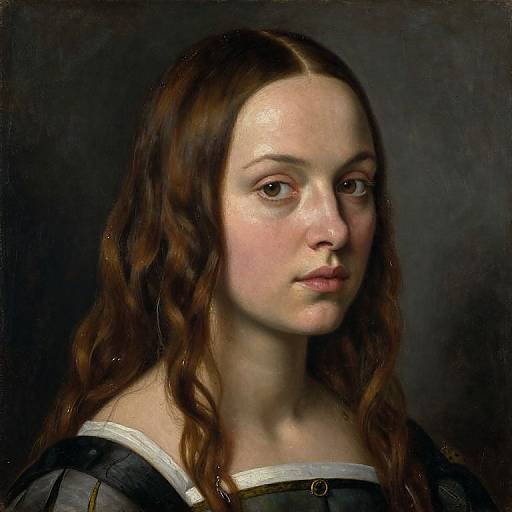 Digital painting of a young woman with fair skin, long wavy brown hair, and soft facial features, wearing a dark, off-shoulder dress