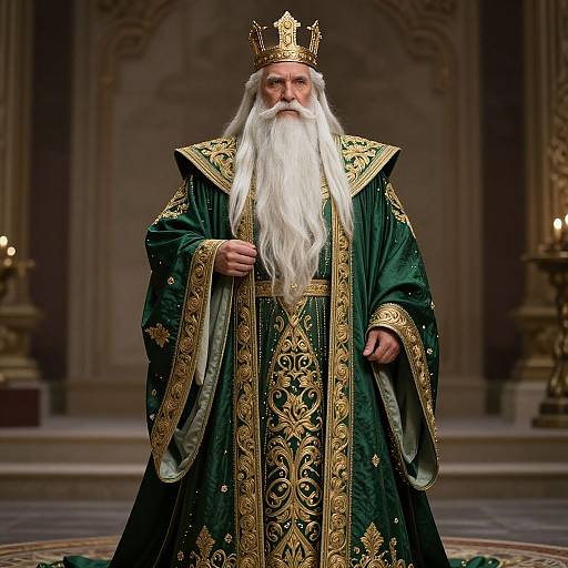 Photograph of an elderly, white-bearded king in an ornate green and gold robe, wearing a gold crown, standing regally in a grand