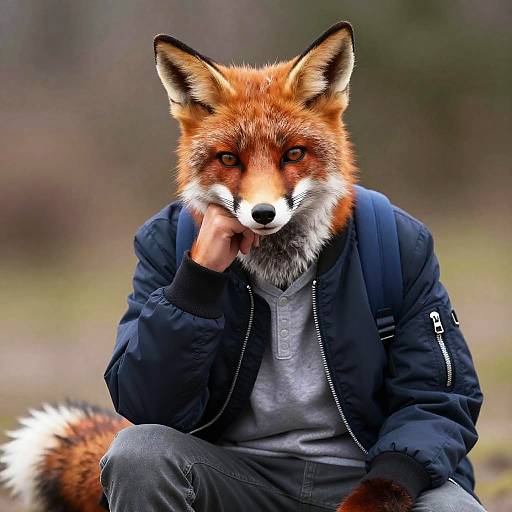 Photograph of an anthropomorphic red fox with orange fur, wearing a navy jacket and gray shirt, sitting outdoors, resting chin on hand.