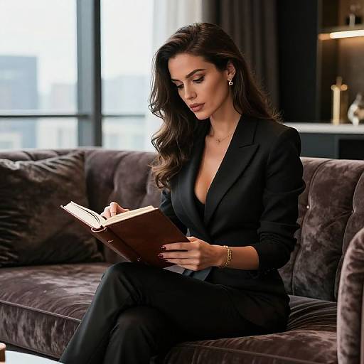 Photograph of a brunette woman in a black blazer and deep V-neck, reading a book on a plush gray sofa in a modern living room with