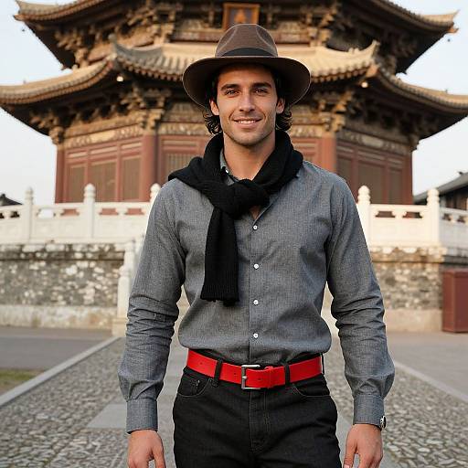 Confident Man by Sunlit Pagoda