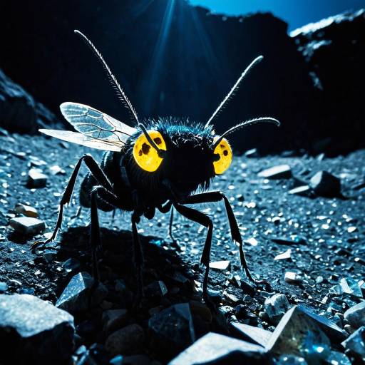Crystalline Insect with Glowing Yellow Eyes in Shimmering Quarry