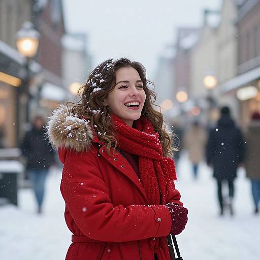 Photograph of a smiling woman with curly brown hair in a red winter coat with fur trim, standing in a snowy urban street at dusk.