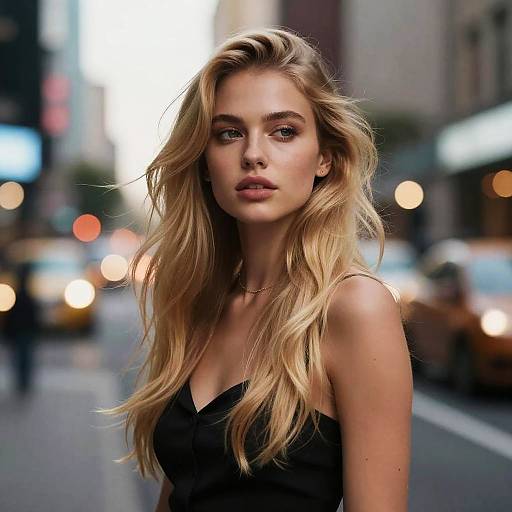 Photograph of a blonde, blue-eyed woman with wavy hair, wearing a black dress, standing on a blurred city street at night with bokeh