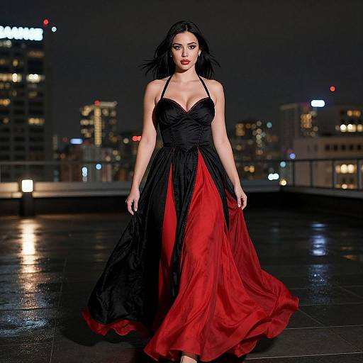 Photograph of a woman with pale skin and dark hair, wearing a black and red halter gown, walking on a rainy rooftop at night with city