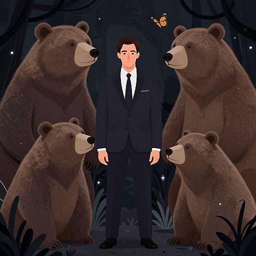 Digital illustration of a man in a black suit surrounded by four large brown bears in a dark, forested night scene with a glowing butterfly above.