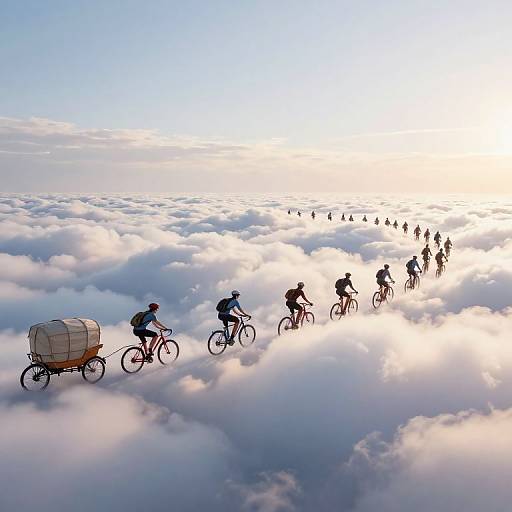Silhouetted cyclists and a cargo bike ride above a sea of fluffy clouds at sunrise, with more cyclists following in the distance.