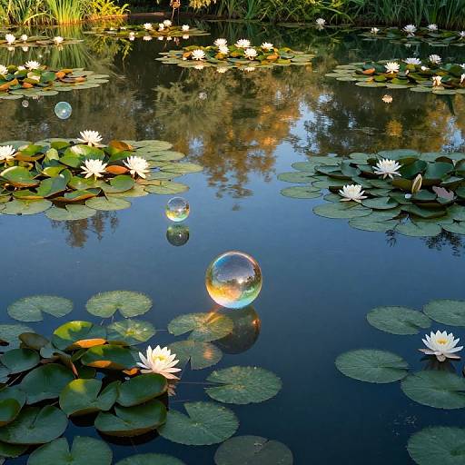 Photograph of a serene pond with floating lily pads, white water lilies, and three clear bubbles, reflecting trees and grass.